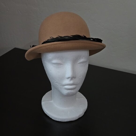 Vintage Splendide Georgi Brown Wool Hat Tan Bowler Hat With Feathers